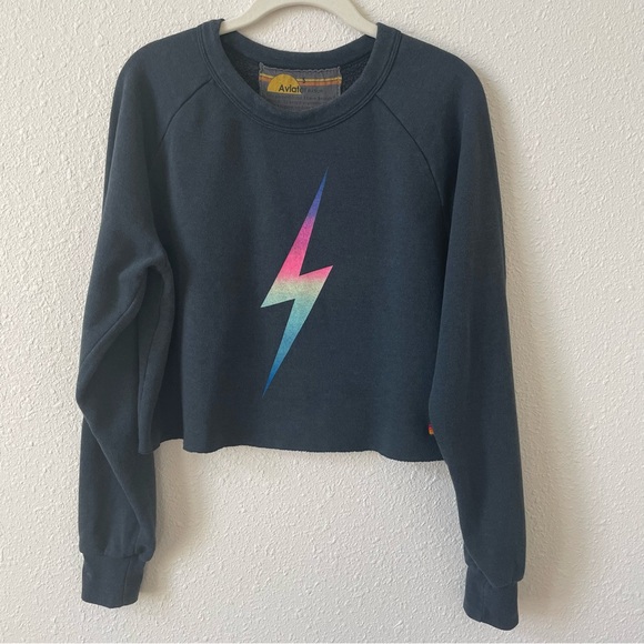 Aviator Nation Rainbow Bolt Cropped Crew Sweatshirt Size Small Casual USA - Picture 8 of 8